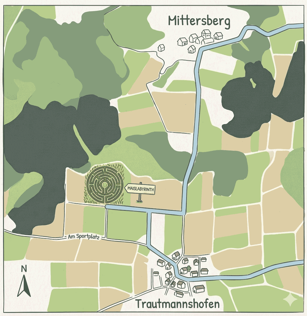 Einfache Anfahrtsskizze zum Maislabyrinth Lauterhofen zwischen Mittersberg und Trautmannshofen